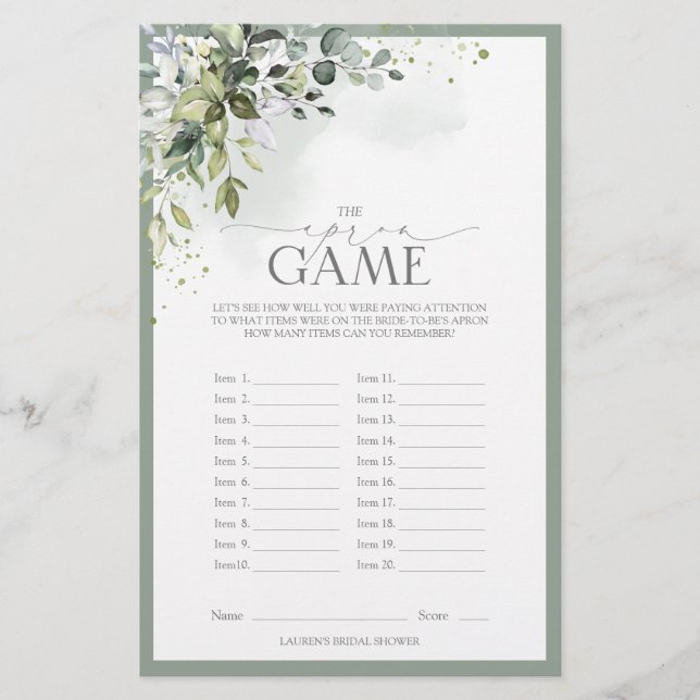 Dusty Blue Eucalyptus Floral Bridal Shower Game (Front)