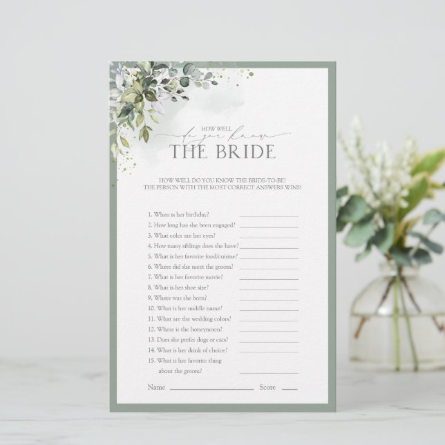 Dusty Blue Eucalyptus Floral Bridal Shower Game (Standing Front)