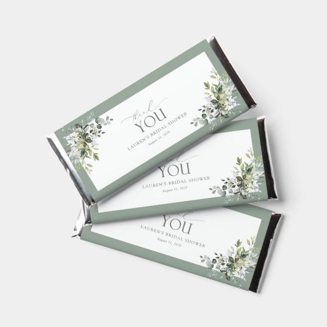 Dusty Blue Eucalyptus Floral Bridal Shower Hershey Bar Favors (Front)