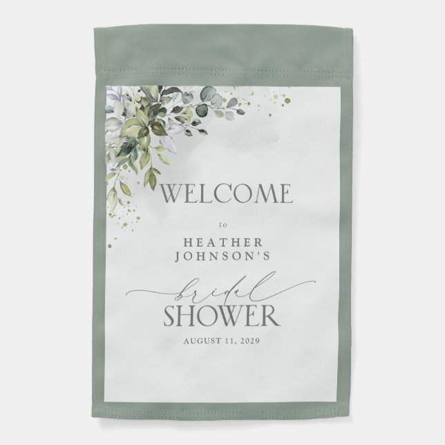 Dusty Blue Eucalyptus Floral Bridal Shower Welcome Garden Flag (Front)