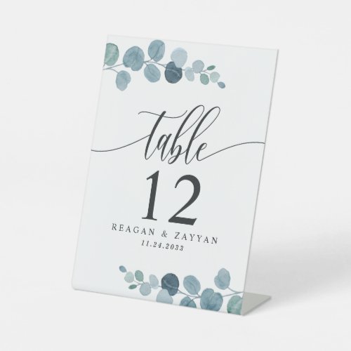 Dusty Blue Eucalyptus Floral Wedding Table Number Pedestal Sign