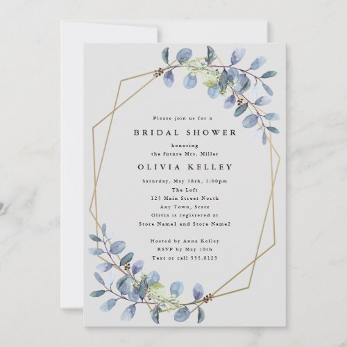 Dusty Blue Eucalyptus Gold Frame Bridal Shower Invitation