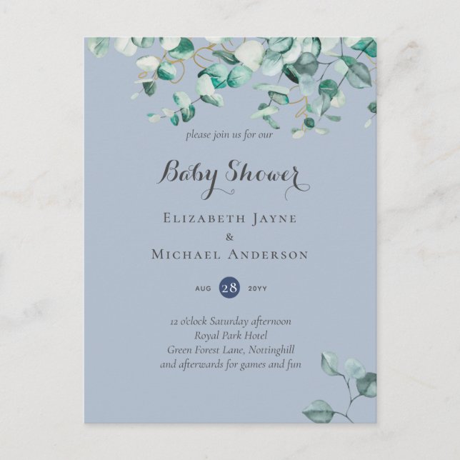Dusty Blue Eucalyptus Greenery BABY SHOWER Invites (Front)