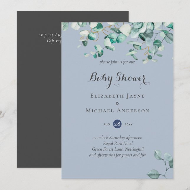 Dusty Blue Eucalyptus Greenery BABY SHOWER Invites (Front/Back)