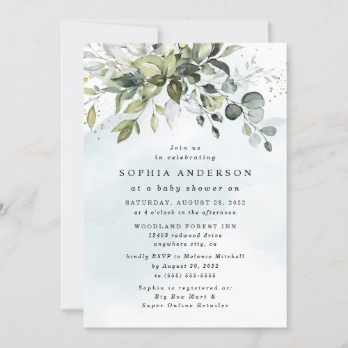 Dusty Blue Eucalyptus Greenery Boho Baby Shower Invitation - This design is available with two different dusty blue shades.  One option is more dustier than the other and leans towards a gray-dusty blue.  This one that you are currently viewing leans more towards blue for the watercolor splashes.  Compare each on-screen preview for a perfect match when it comes to your wedding shade since there are different variations of this popular color.  Design features a bouquet of watercolor greenery, eucalyptus and a succulent over a dusty blue watercolor splash. Design also features specks of painted (printed) gold and green.  This is a direct link to the full collection that has all matching watercolor splashes in this shade: https://bit.ly/396usk1