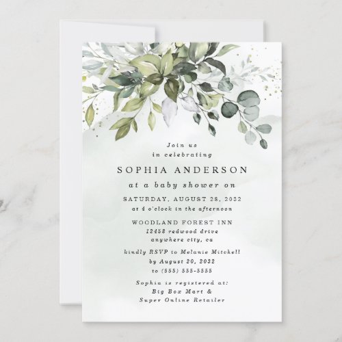 Dusty Blue Eucalyptus Greenery Boho Baby Shower Invitation - Design features a bouquet of watercolor greenery, eucalyptus and a succulent over a dusty blue watercolor splash. Design also features specks of painted (printed) gold and green.