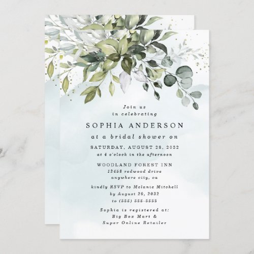 Dusty Blue Eucalyptus Greenery Boho Bridal Shower Invitation - This design is available with two different dusty blue shades.  One option is more dustier than the other and leans towards a gray-dusty blue.  This one that you are currently viewing leans more towards blue for the watercolor splashes.  Compare each on-screen preview for a perfect match when it comes to your wedding shade since there are different variations of this popular color.  Design features a bouquet of watercolor greenery, eucalyptus and a succulent over a dusty blue watercolor splash. Design also features specks of painted (printed) gold and green.  This is a direct link to the full collection that has all matching watercolor splashes in this shade: https://bit.ly/396usk1