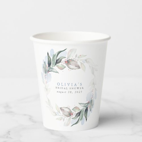 Dusty Blue Eucalyptus Greenery Boho Bridal Shower Paper Cups