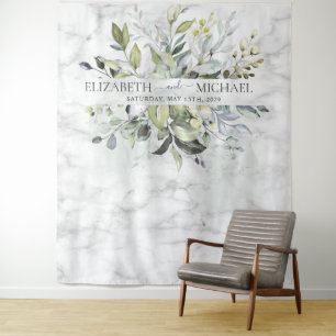 Dusty Blue Eucalyptus Greenery Botanical Marble Tapestry