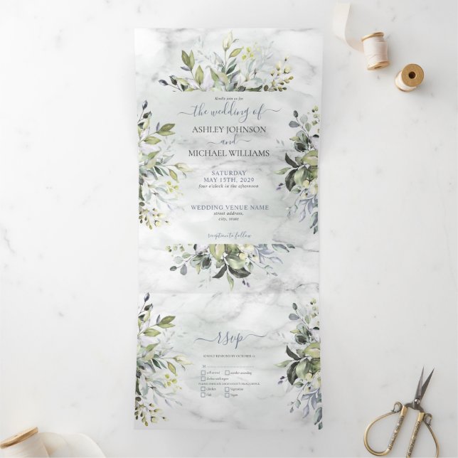 Dusty Blue Eucalyptus Greenery Botanical Marble Tri-Fold Invitation (Inside)