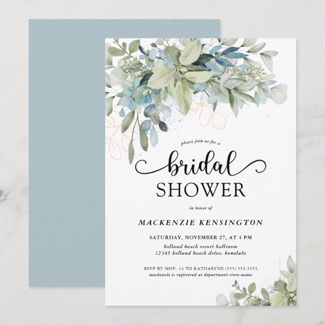 Dusty Blue Eucalyptus Greenery Bridal Shower Invitation (Front/Back)