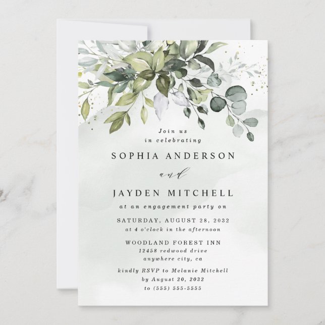 Dusty Blue Eucalyptus Greenery Engagement Party Invitation (Front)