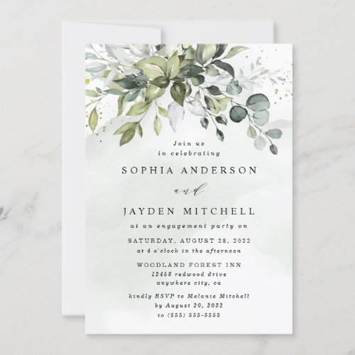 Dusty Blue Eucalyptus Greenery Engagement Party Invitation - Design features a bouquet of watercolor greenery, eucalyptus and a succulent over a dusty blue watercolor splash. Design also features specks of painted (printed) gold and green. View the collection link on this page to see all of the matching items in this beautiful design.