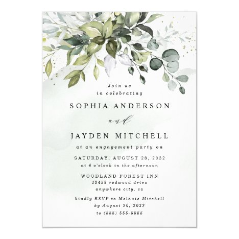 Olive Green Floral Diamante Personalised Engagement Party Invitations