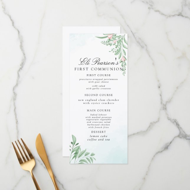 Dusty Blue Eucalyptus Greenery First Communion Menu (Front/Back In Situ)