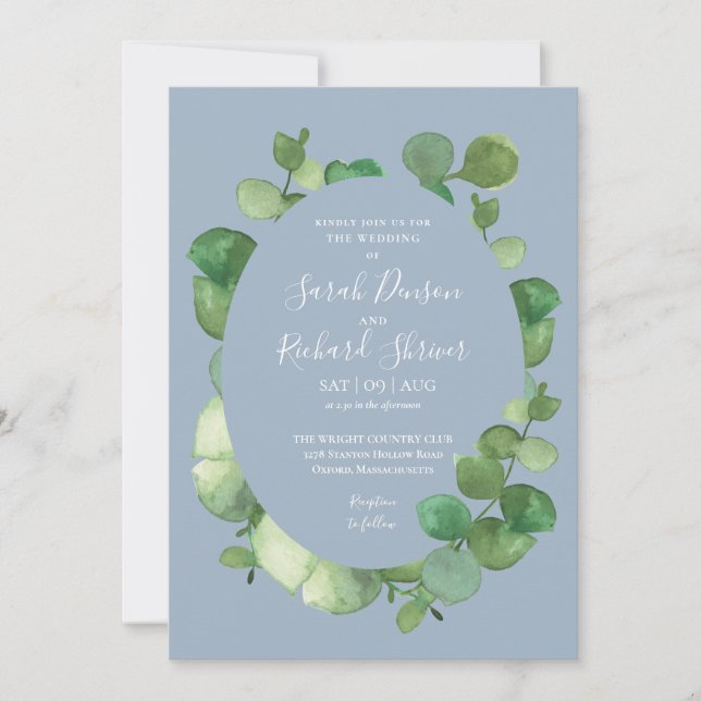 Dusty Blue Eucalyptus Greenery Floral Wedding Invitation (Front)