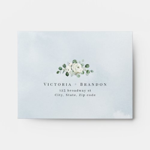 Dusty blue eucalyptus greenery floral wedding RSVP Envelope