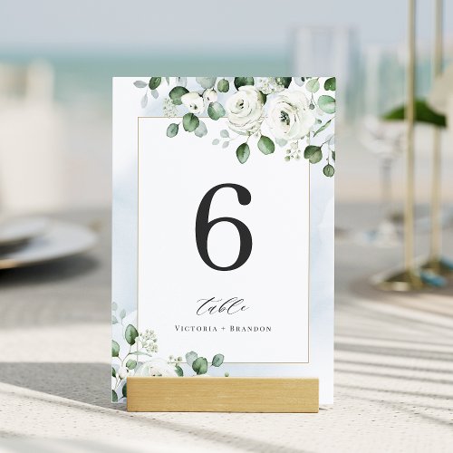 Dusty blue eucalyptus greenery floral wedding table number