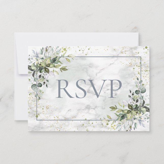 Dusty Blue Eucalyptus Greenery Marble No Menu RSVP (Front)