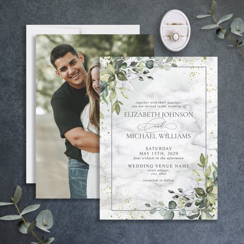 Dusty Blue Eucalyptus Greenery Marble Photo Invitation