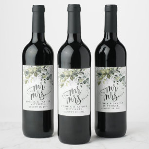 Dusty Blue Eucalyptus Greenery Mr and Mrs Wedding Wine Label