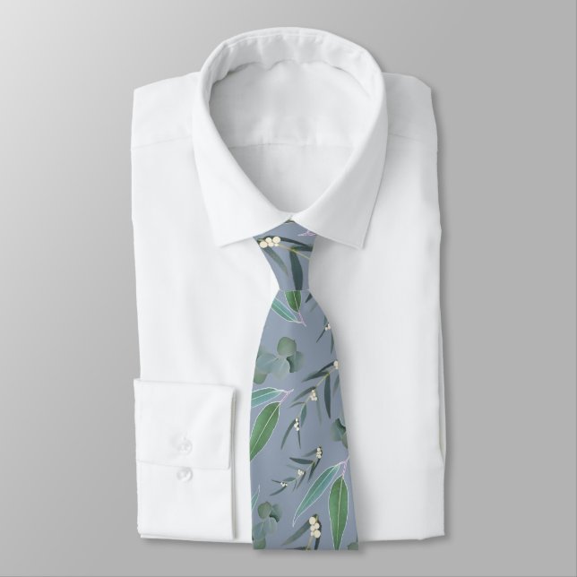 Dusty Blue Eucalyptus Greenery Pattern Neck Tie (Tied)