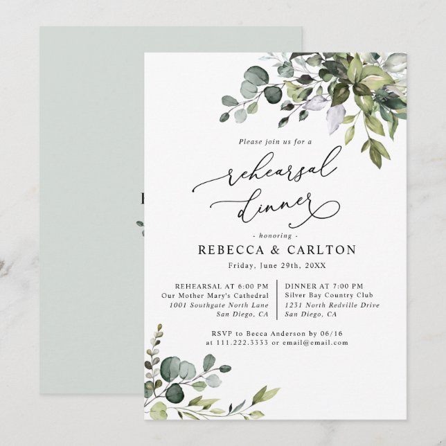 Dusty Blue Eucalyptus Greenery Rehearsal Dinner Invitation (Front/Back)
