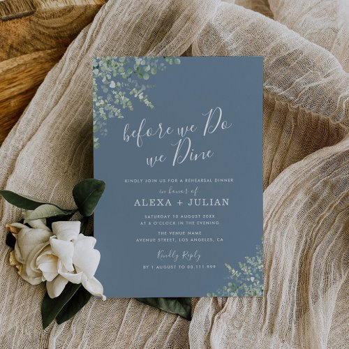 dusty blue eucalyptus greenery rehearsal dinner invitation