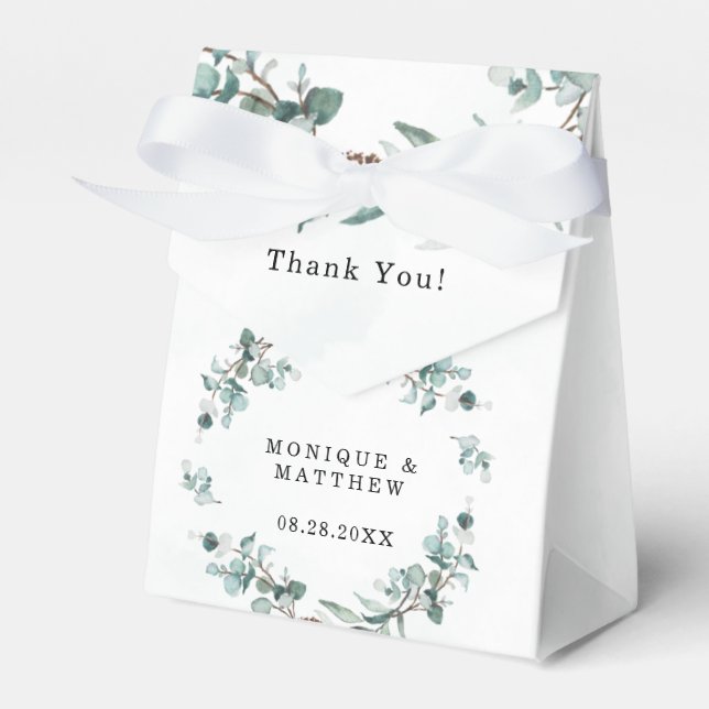 Dusty Blue Eucalyptus Greenery Rustic Wedding Favor Boxes (Front Side)