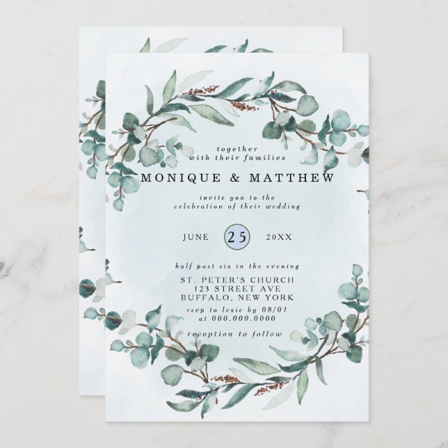 Dusty Blue Eucalyptus Greenery Rustic Wedding Invitation (Front/Back)