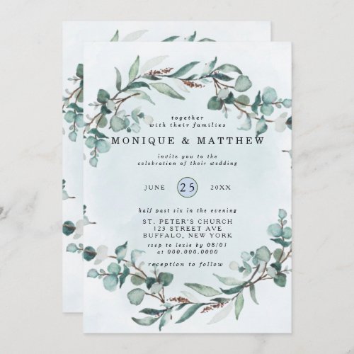 Dusty Blue Eucalyptus Greenery Rustic Wedding Invitation