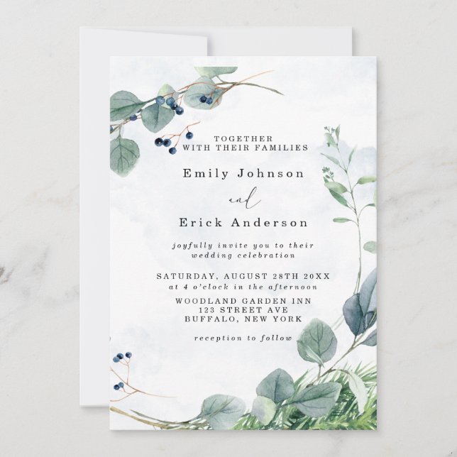 Dusty Blue Eucalyptus Greenery Rustic Wedding Invitation (Front)