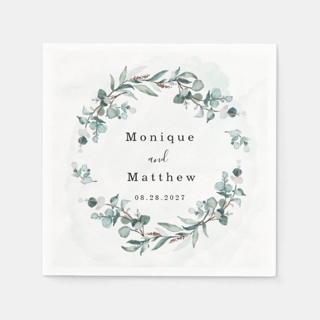 Dusty Blue Eucalyptus Greenery Rustic Wedding Napkins (Front)