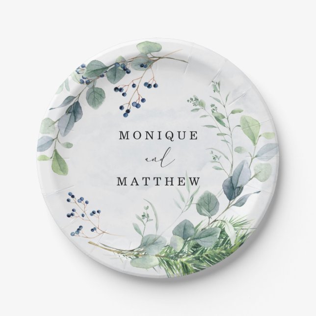 Dusty Blue Eucalyptus Greenery Rustic Wedding Paper Plates (Front)
