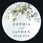 Dusty Blue Eucalyptus Greenery Succulent Wedding Classic Round Sticker<br><div class="desc">This design is available with two different dusty blue shades.  One option is more dustier than the other and leans towards a gray-dusty blue.  This one that you are currently viewing leans more towards blue for the watercolor splashes.  Compare each on-screen preview for a perfect match when it comes to...</div>