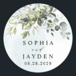 Dusty Blue Eucalyptus Greenery Succulent Wedding Classic Round Sticker<br><div class="desc">This design is available with two different dusty blue shades.  One option is more dustier than the other and leans towards a gray-dusty blue.  This one that you are currently viewing leans more towards blue for the watercolor splashes.  Compare each on-screen preview for a perfect match when it comes to...</div>