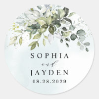 Dusty Blue Eucalyptus Greenery Succulent Wedding Classic Round Sticker