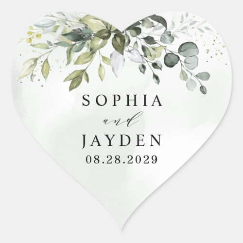 Dusty Blue Eucalyptus Greenery Succulent Wedding Heart Sticker - Design features a bouquet of watercolor greenery, eucalyptus and a succulent over a dusty blue watercolor splash. Design also features specks of painted (printed) gold and green. View the collection link on this page to see all of the matching items in this beautiful design.