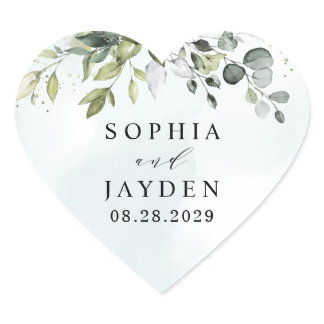 Dusty Blue Eucalyptus Greenery Succulent Wedding Heart Sticker
