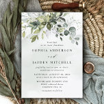 Dusty Blue Eucalyptus Greenery Succulent Wedding Invitation<br><div class="desc">Design features a bouquet of watercolor greenery, eucalyptus and a succulent over a dusty blue watercolor splash. The splash leans more gray (dusty) but if you want more of a blue splash... visit the RusticWeddings link and you'll find the collection. Design also features specks of painted (printed) gold and green....</div>