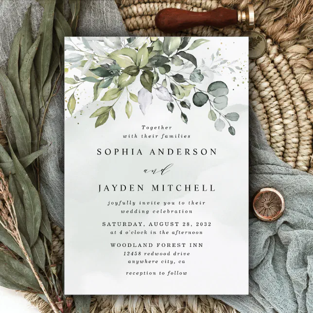 Dusty Blue Eucalyptus Greenery Succulent Wedding Invitation | Zazzle