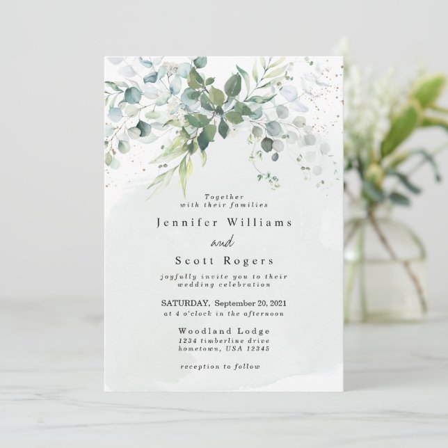 Dusty Blue Eucalyptus Greenery Succulent Wedding  Invitation (Standing Front)