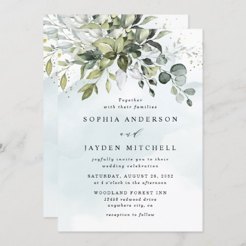Dusty Blue Eucalyptus Greenery Succulent Wedding Invitation - This design is available with two different dusty blue shades.  One option is more dustier than the other and leans towards a gray-dusty blue.  This one that you are currently viewing leans more towards blue for the watercolor splashes.  Compare each on-screen preview for a perfect match when it comes to your wedding shade since there are different variations of this popular color.  Design features a bouquet of watercolor greenery, eucalyptus and a succulent over a dusty blue watercolor splash. Design also features specks of painted (printed) gold and green.  This is a direct link to the full collection that has all matching watercolor splashes in this shade: https://bit.ly/396usk1