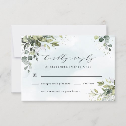 Dusty Blue Eucalyptus Greenery Succulent Wedding RSVP Card - This design is available with two different dusty blue shades.  One option is more dustier than the other and leans towards a gray-dusty blue.  This one that you are currently viewing leans more towards blue for the watercolor splashes.  Compare each on-screen preview for a perfect match when it comes to your wedding shade since there are different variations of this popular color.  Design features a bouquet of watercolor greenery, eucalyptus and a succulent over a dusty blue watercolor splash. Design also features specks of painted (printed) gold and green.  This is a direct link to the full collection that has all matching watercolor splashes in this shade: https://bit.ly/396usk1