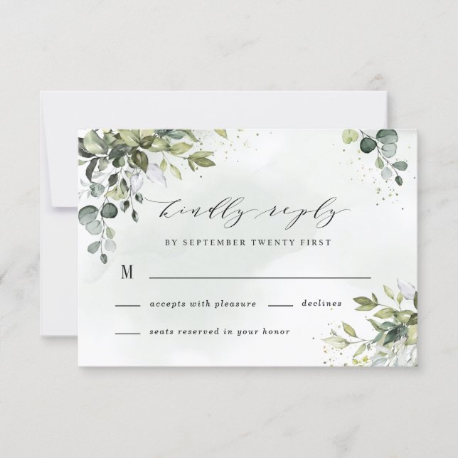 Dusty Blue Eucalyptus Greenery Succulent Wedding RSVP Card (Front)