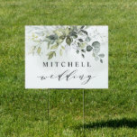 Dusty Blue Eucalyptus Greenery Succulent Wedding Sign<br><div class="desc">Design features a bouquet of watercolor greenery, eucalyptus and a succulent over a dusty blue watercolor splash. Design also features specks of painted (printed) gold and green. View the collection link on this page to see all of the matching items in this beautiful design or see the collection here: https://bit.ly/2tgp2Dh...</div>