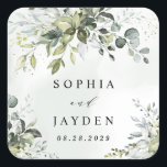 Dusty Blue Eucalyptus Greenery Succulent Wedding Square Sticker<br><div class="desc">Design features a bouquet of watercolor greenery,  eucalyptus and a succulent over a dusty blue watercolor splash. Design also features specks of painted (printed) gold and green. View the collection link on this page to see all of the matching items in this beautiful design.</div>