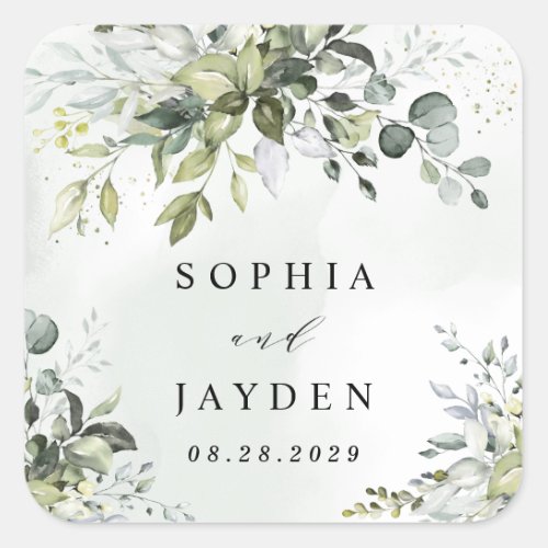 Dusty Blue Eucalyptus Greenery Succulent Wedding Square Sticker - Design features a bouquet of watercolor greenery, eucalyptus and a succulent over a dusty blue watercolor splash. Design also features specks of painted (printed) gold and green. View the collection link on this page to see all of the matching items in this beautiful design.