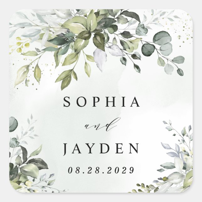 Dusty Blue Eucalyptus Greenery Succulent Wedding Square Sticker (Front)