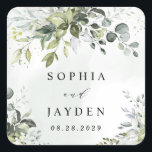 Dusty Blue Eucalyptus Greenery Succulent Wedding Square Sticker<br><div class="desc">Design features a bouquet of watercolor greenery,  eucalyptus and a succulent over a dusty blue watercolor splash. Design also features specks of painted (printed) gold and green. View the collection link on this page to see all of the matching items in this beautiful design.</div>